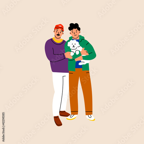 Two gay Guys or friends standing and holding a dog. Happy family portrait. Hand drawn colored Vector illustration. Adoption, parenting, friendship, lgbt concept
