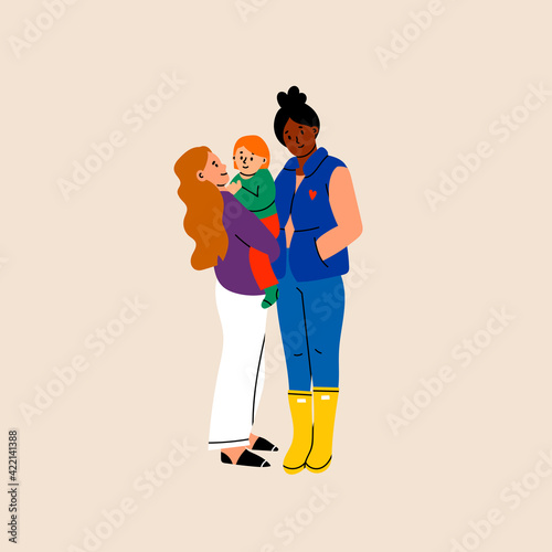 Two stylish young Ladies are standing and holding a little baby. Happy family portrait. Hand drawn colored Vector illustration. Adoption, parenting, lgbt concept