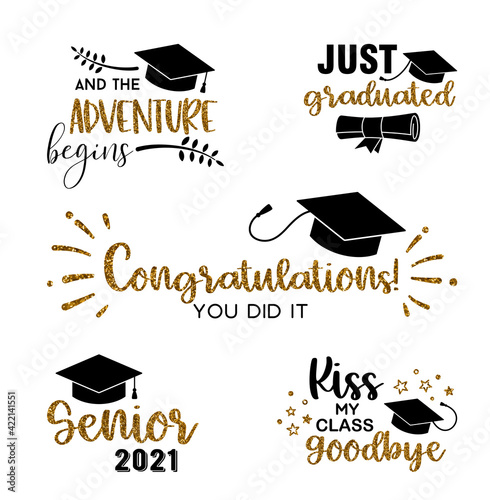 Graduation congratulations at school, university or college . Trendy calligraphy golden glitter inscription