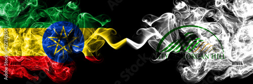 Ethiopia, Ethiopian vs United States of America, America, US, USA, American, Morgan Hill, California smoky mystic flags placed side by side. Thick colored silky abstract smoke flags.