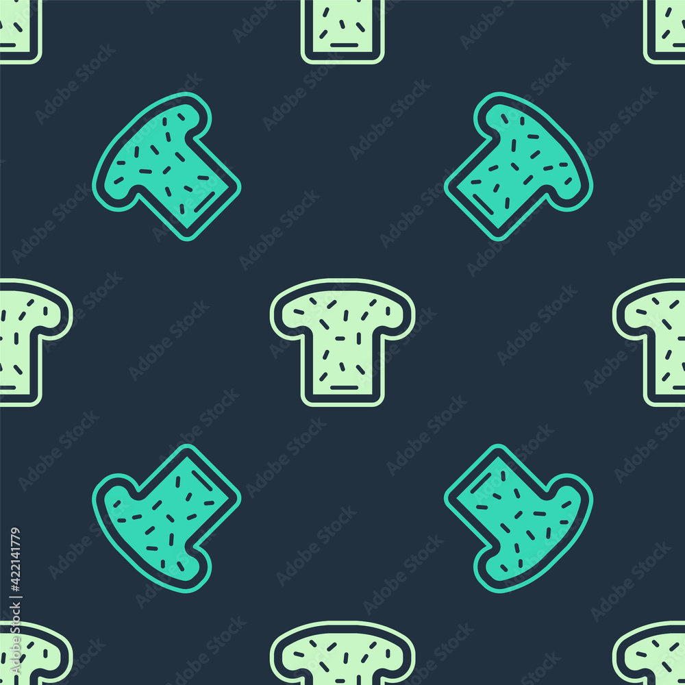 Green and beige Bread toast for sandwich piece of roasted crouton icon isolated seamless pattern on blue background. Lunch, dinner, breakfast snack. Vector Green and beige Bread toast for sandwich piece of roasted crouton icon isolated seamless pattern on blue background. Lunch, dinner, breakfast snack. Vector