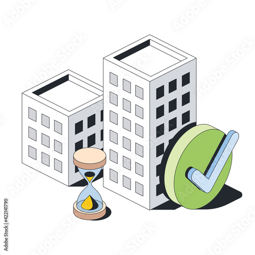Real estate build house hourglass and check mark, stroke illustration. Vector 3d line isometric, color web icons, new flat style. Creative design idea for infographics.