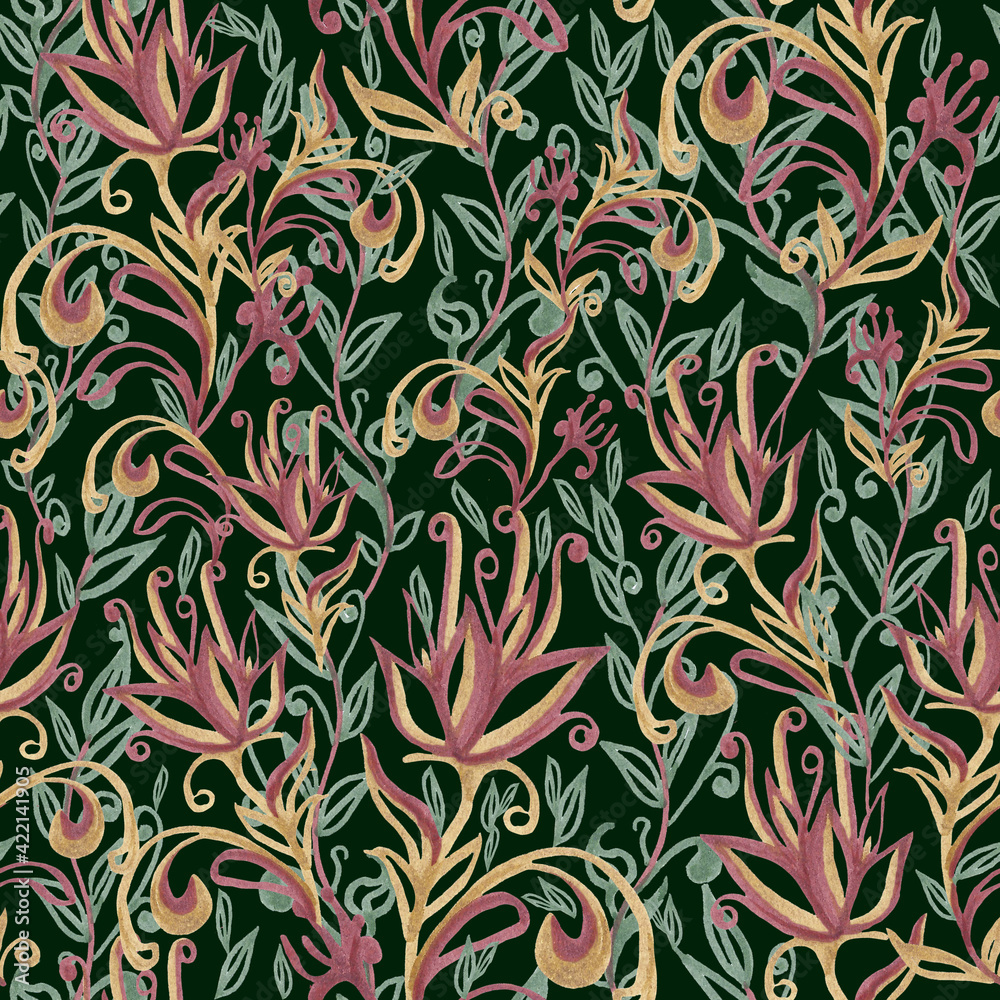 Seamless multicolored pattern of leaves and flowers on a black background. Hand drawing, curls, smooth lines, elegant print. Design for Wallpaper, fabric, textiles, packaging, wedding design.