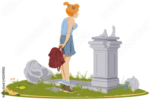 Girl on ancient ruins. Illustration for internet and mobile website.
