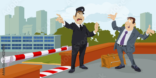 Policeman guards barrier. Closed area. Illustration for internet and mobile website.