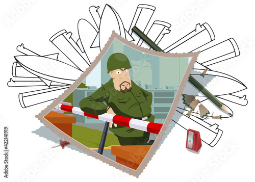 Soldier guards barrier. Closed area. Illustration for internet and mobile website.