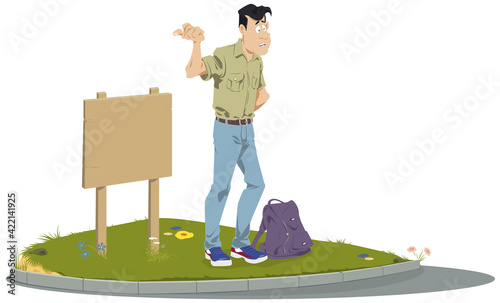 Young Hitchhiker with backpack. Illustration for internet and mobile website.