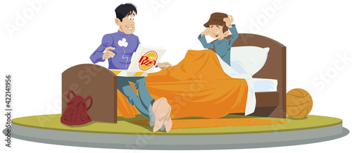 Father with pizza. Little boy woke up in morning. Illustration for internet and mobile website.