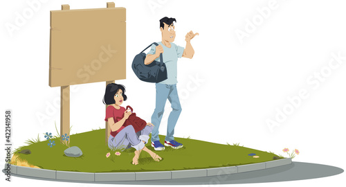 Young Hitchhikers with backpacks. Illustration for internet and mobile website.