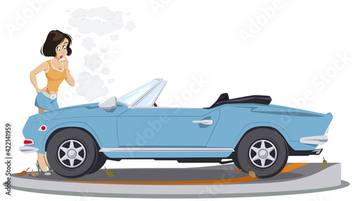 Girl in car accident. Broken auto. Illustration for internet and mobile website.