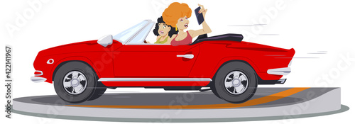 Girl makes selfie in car. High-speed driving. Illustration for internet and mobile website.