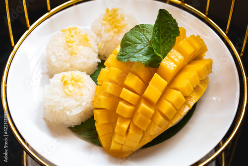 Sweet mango with sticky rice. Famous thai traditional dessert dish in Thailand