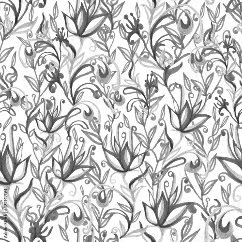 Seamless black pattern of leaves and flowers on a white background. Hand drawing, curls, smooth lines, elegant print. Design for Wallpaper, fabric, textiles, packaging, wedding design. © t.karnash