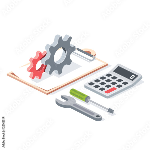 Contract document, calculator, repair service tools, stroke illustration. Vector 3d line isometric, color web icons, new flat style. Creative design idea for infographics.