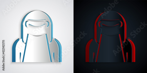 Paper cut Muslim woman in niqab icon isolated on grey and black background. Paper art style. Vector