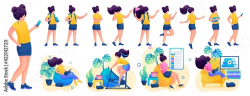 Young girl in various poses and actions, communication, work, training. 2D flat character vector illustration N9