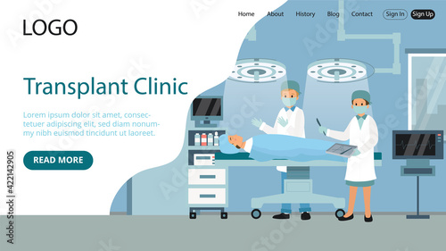 Landing Page Template Composition. Flat Cartoon Style Illustration With Text, Characters. Medical Transplant Clinic Concept Art. Two Hospital Workers In Robes Standing Near Lying Patient While Surgery