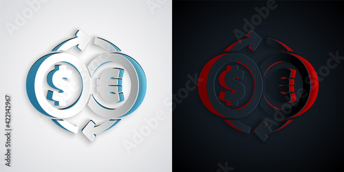 Paper cut Money exchange icon isolated on grey and black background. Euro and Dollar cash transfer symbol. Banking currency sign. Paper art style. Vector