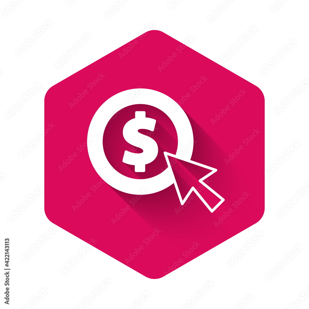 White Coin money with dollar symbol icon isolated with long shadow background. Banking currency sign. Cash symbol. Pink hexagon button. Vector White Coin money with dollar symbol icon isolated with long shadow background. Banking currency sign. Cash symbol. Pink hexagon button. Vector