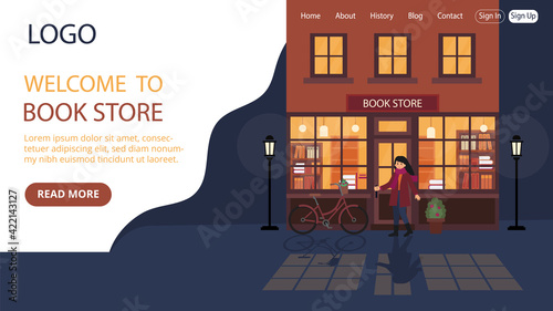 Bookstore Advert Vector Illustration. Flat Style Conceptual Composition. Webpage Landing Template Design With Objects And Text. Woman Entering Library, Late Time Surrounding, Cosy Building Behind