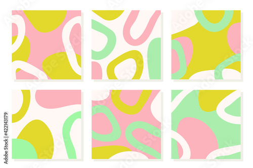 Set of 8 vector gentle pastel simple trendy abstract backgrounds. 2021 collection of modern colors. Isolated palette for design. Boho style, wavy cute shapes. Minimalist hand drawn geometric blanks. 