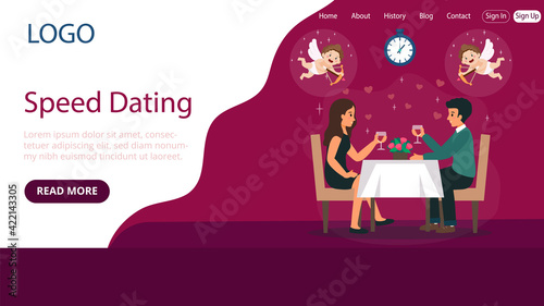 Website Landing Page Template Layout On Speed Dating Concept. Flat Cartoon Style Illustration With Text And Buttons. Two People Sitting At Table And Talking. Pink Background, Hearts And Cupids Around
