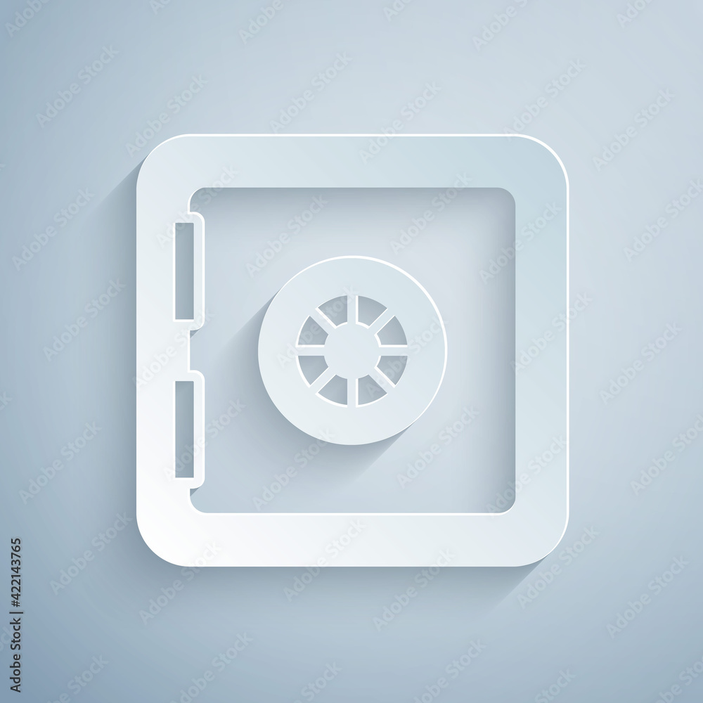 Paper cut Safe icon isolated on grey background. The door safe a bank vault with a combination lock. Reliable Data Protection. Paper art style. Vector Paper cut Safe icon isolated on grey background. The door safe a bank vault with a combination lock. Reliable Data Protection. Paper art style. Vector