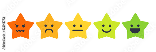 User experience feedback concept with different mood emoji stars. Feedback star emoji rate form for web site or app