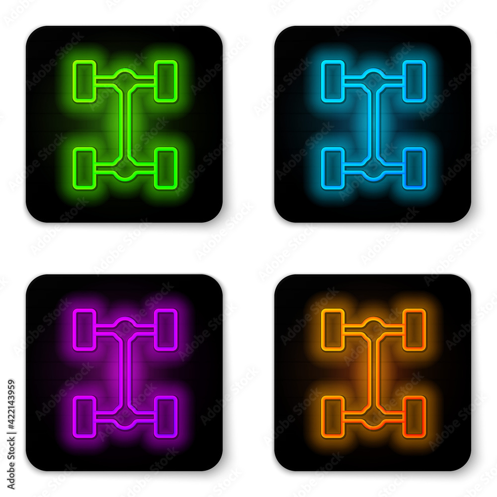 Glowing neon line Chassis car icon isolated on white background. Black square button. Vector Glowing neon line Chassis car icon isolated on white background. Black square button. Vector