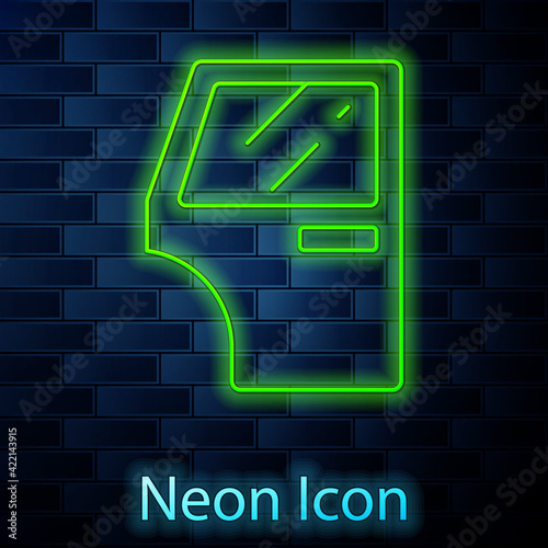 Glowing neon line Car door icon isolated on brick wall background. Vector