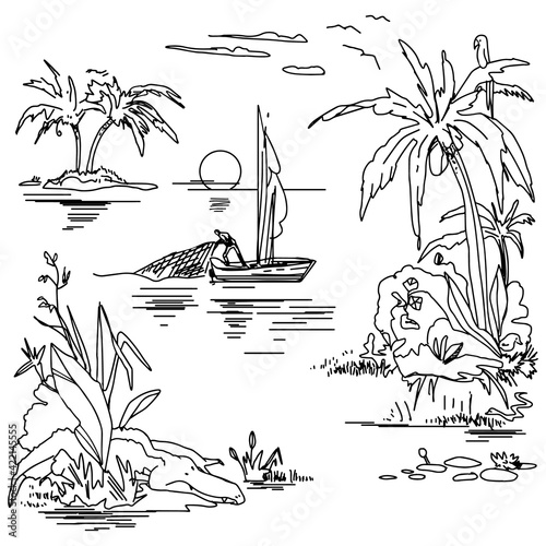 Beautiful tropical island sketch on white background. Landscape with palm trees,beach and ocean vector hand drawn style. Black and white linear landscape