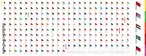 Isometric flags sorted alphabetically and by continent. 3D flag collection.