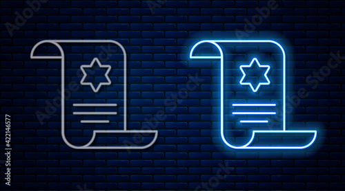 Glowing neon line Torah scroll icon isolated on brick wall background. Jewish Torah in expanded form. Star of David symbol. Old parchment scroll. Vector