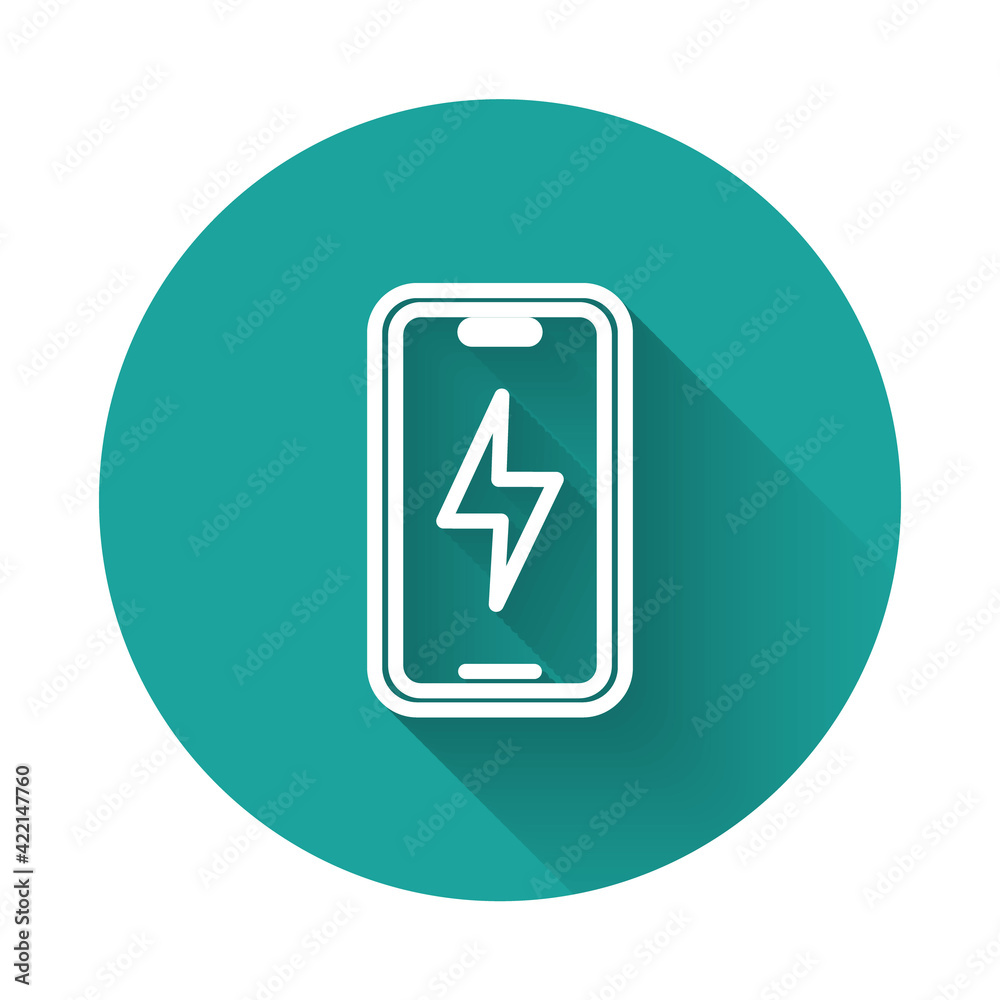White line Smartphone charging battery icon isolated with long shadow background. Phone with a low battery charge. Green circle button. Vector White line Smartphone charging battery icon isolated with long shadow background. Phone with a low battery charge. Green circle button. Vector