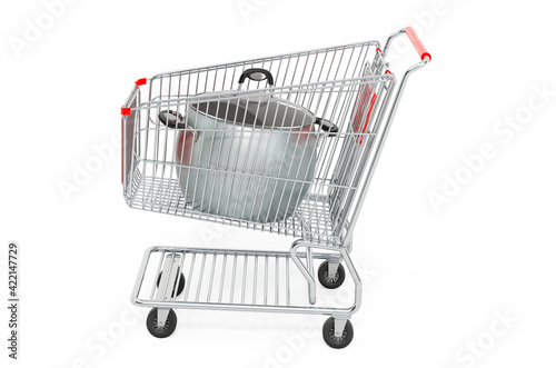 Shopping cart with saucepan. 3D rendering