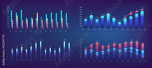 Futuristic graphs for App UI, UX, KIT. Modern infographic, charts and diagrams. Financial statistics and analytics progress scale panel. Futuristic User Interface graphics for UI. Vector set