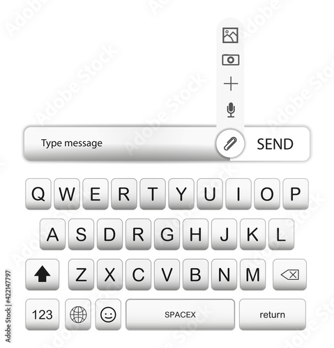 UI keyboard for Mobile phone, smartphone. White realistic  mobile phone buttons with shadow. Alphabet, numbers and icons for messenger. UI UX KIT keyboard. Mockup phone buttons. Vector illustration