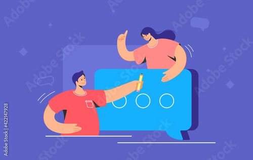 Happy teenagers with a big speech bubble. Flat vector illustration of smiling man and woman standing near a big speech bubble as a chat symbol of communication. People leaving comments and texting
