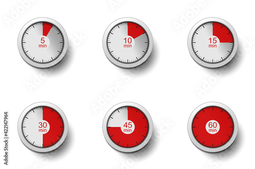 Realistic clocks with time intervals (5, 10, 15, 30, 45 and 60 minutes). Timer, clock, stopwatch - concept. Collection isolated on white background. Label cooking time or the required time. Vector set