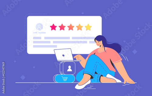 Consumer review for comment and rate a service or goods. Flat vecor illustration of smiling woman sitting with laptop and reading testimonials or leaving comment. Customer feedback and rating 5 stars