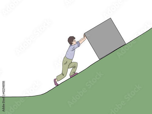 illustration of  science lesson subject, image of a man showing pushing force.  force one person  using push  force to move assets. tr:( newton hareket yasası, eğik  düzlemde cisme kuvvet uygulayan) photo