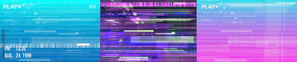 Digital Neon TV screens set with noise. Retrofuturism glitch VHS style. Vector illustrations with deep effect of interference, background, noise, glitch, vhs, no signal TV screen. Vector VHS set Digital Neon TV screens set with noise. Retrofuturism glitch VHS style. Vector illustrations with deep effect of interference, background, noise, glitch, vhs, no signal TV screen. Vector VHS set