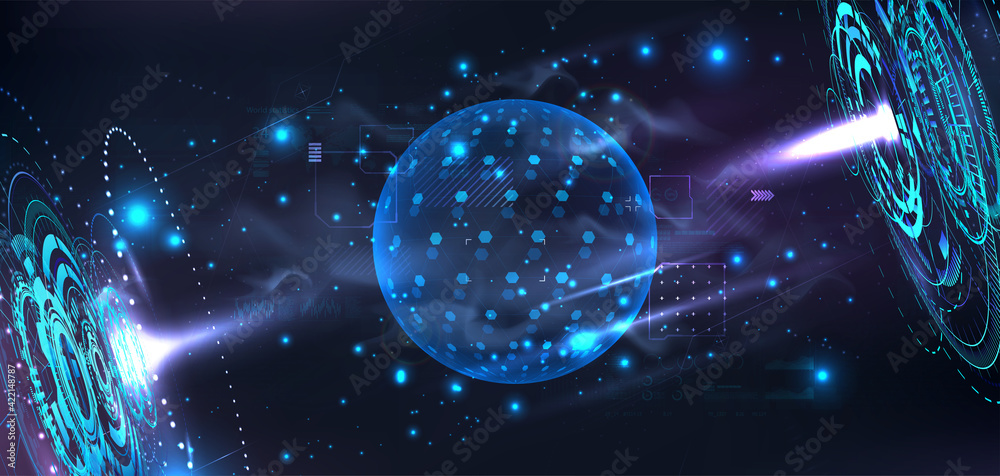 Futuristic lab with holograms and a 3D bubble shield to present your product in futuristic cyberspace background. Template blank Dome or sphere with HUD interface. Cover in cyberpunk style. Vector 