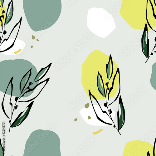 Seamless pattern abstract modern wall art, poster, label, stylized hand drawing olive tree branch, pastel spots. Botanical modern design. Vector illustration isolated