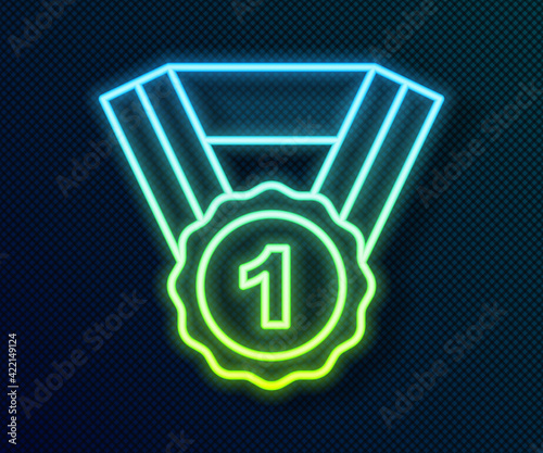 Glowing neon line Dog award symbol icon isolated on black background. Medal with dog footprint as pets exhibition winner concept. Vector