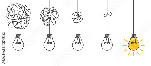 Idea concept, creative of simplifying complex process lightbulb, bulb sign, innovations, untangled of problem. Keep it simple business concept for project management, marketing, creativity - vector photo