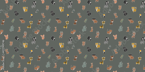 Seamless pattern of parrots, South American noses, leopards, boas, monkeys, tapirs, okapis, gorillas, rhinos, toucans, buffalos, giraffes, bush hares, zebras, fennecs, antelopes, gazelles. Vector.