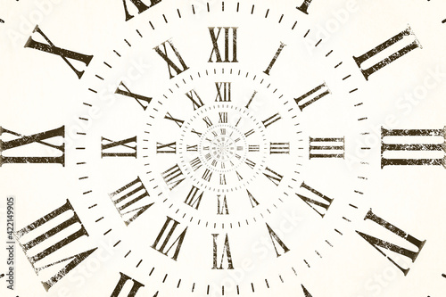 Droste effect background with infinite clock spiral. Abstract design for concepts related to time. photo