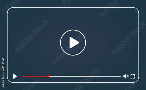 Multimedia video player with play button, play video online window with navigation icons, video streaming on internet, modern social media video player interface template, live digital stream.