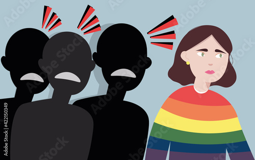 A young woman in a rainbow LGBT sweater is abused because of her sexuality. Homophobic bullying of a girl. Rejection of someone else's orientation and self-identification. Social problems. Vector flat